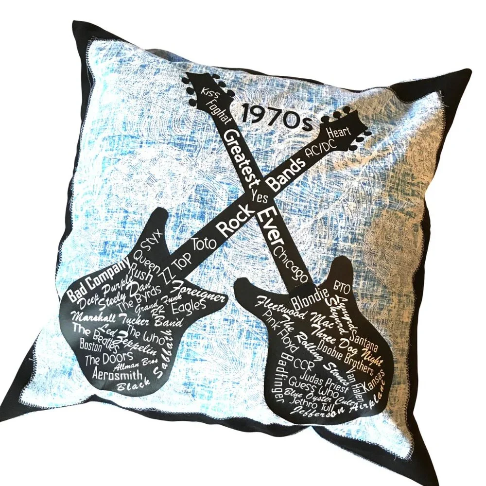 Handmade Pillow Cover, 1970s Rock Bands Guitars Music Room Decor 18 x 18 inches